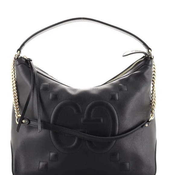 GUCCI BLACK LEATHER EMBOSSED APOLLO LOGO HOBO SHOULDER/TOTE BAG/GOLD CHAIN NWT - Picture 2 of 10